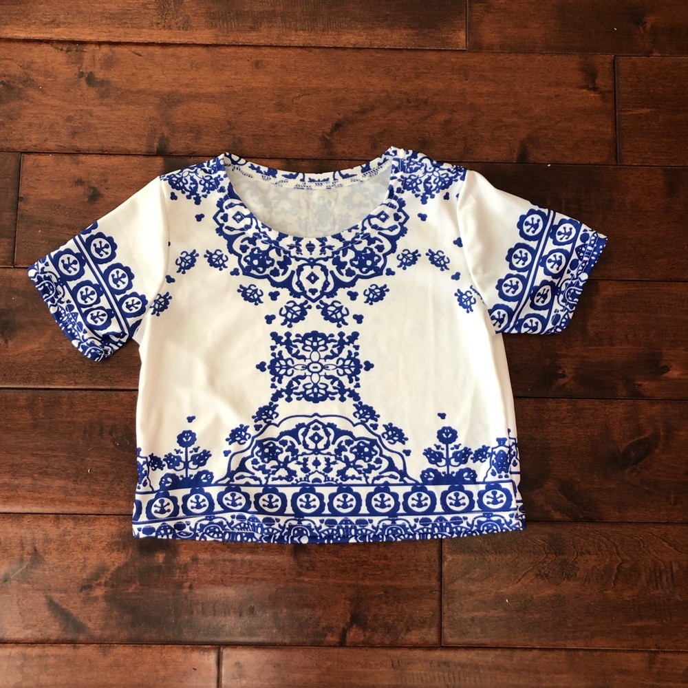 blue and white embroidered crop top